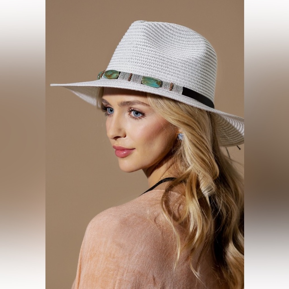 Elegant White Women's Hat with Gemstone Band